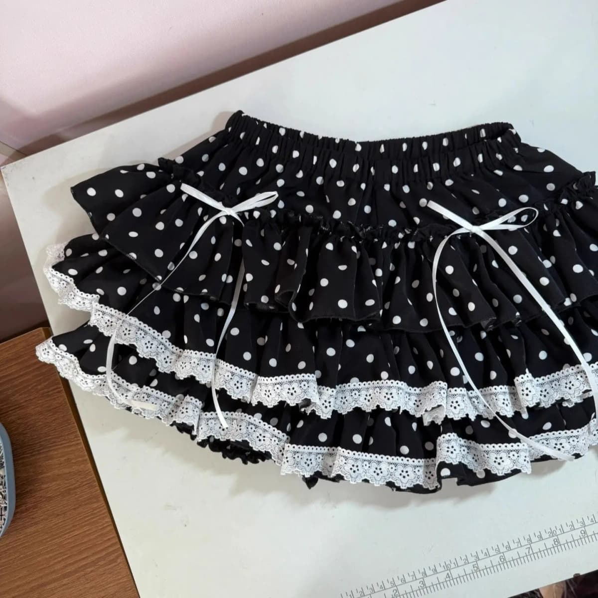 Y2K Sweet Lolita Polka Dot Mini Skirt Japanese Tiered Ruffle Lace Trim White Bow Black White Harajuku Subculture Party Outfit