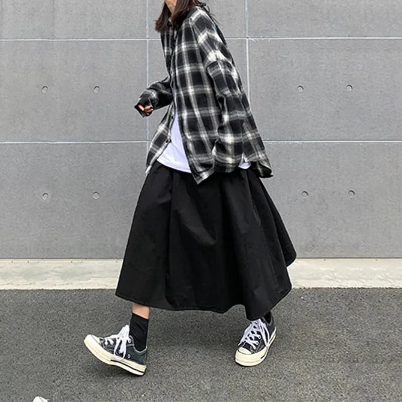 Japanese Style Workwear A-Line Midi Skirt for Women plus Size Student Chic Black Simple Cotton High Waist Skirt Trendy
