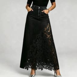 Women Denim Maxi Skirts High Waist Lace Stitching Jean Long Skirt Ladies Summer Spring Autumn Fashions