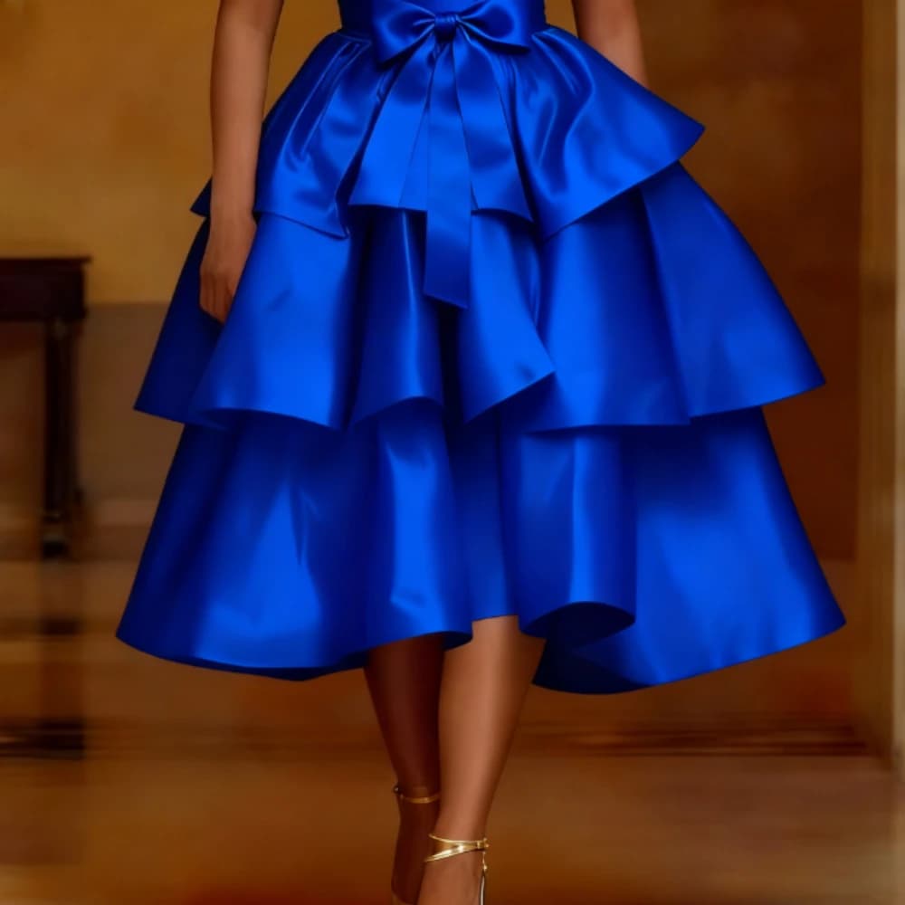 Elegant Women Shiny Satin A Line Cake Skirt High Waist Tierred Ruffles Christmas Party Birthday Wedding Guest Event Occasion New