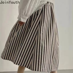 Japanese Vintage Skirt for Women 2025 Faldas Mujer De Moda High Waist A-line Jupe Folds Striped Saia Loose Summer Skirts 27v422