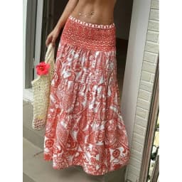 Women Boho Paisley Print Maxi Skirt High Waist Smocked Tiered Flowy Long Skirt Casual Summer Beach Dress
