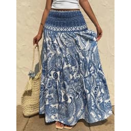 Women Boho Paisley Print Maxi Skirt High Waist Smocked Tiered Flowy Long Skirt Casual Summer Beach Dress