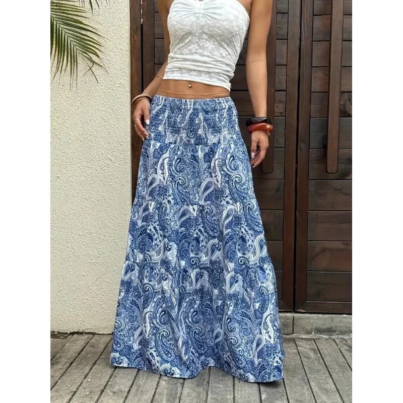 Women Boho Paisley Print Maxi Skirt High Waist Smocked Tiered Flowy Long Skirt Casual Summer Beach Dress