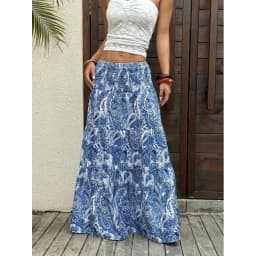 Women Boho Paisley Print Maxi Skirt High Waist Smocked Tiered Flowy Long Skirt Casual Summer Beach Dress