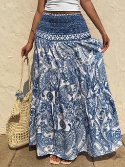 Women Boho Paisley Print Maxi Skirt High Waist Smocked Tiered Flowy Long Skirt Casual Summer Beach Dress