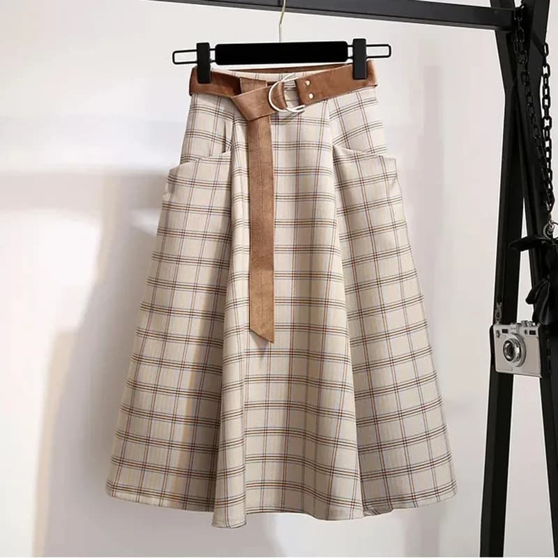 Plaid Vantage High Waist A-line Loose With Belt Pocket Women's Skirt Korean Fashion Mid-Calf Long Skirts For Women 2026 Spring
