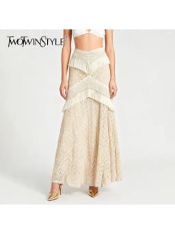 TWOTWINSTYLE Solid Slimming Sheer Spliced Tassels Knit Skirts for Women High Waist Elegant Long Skirt Female Autumn Clothing New