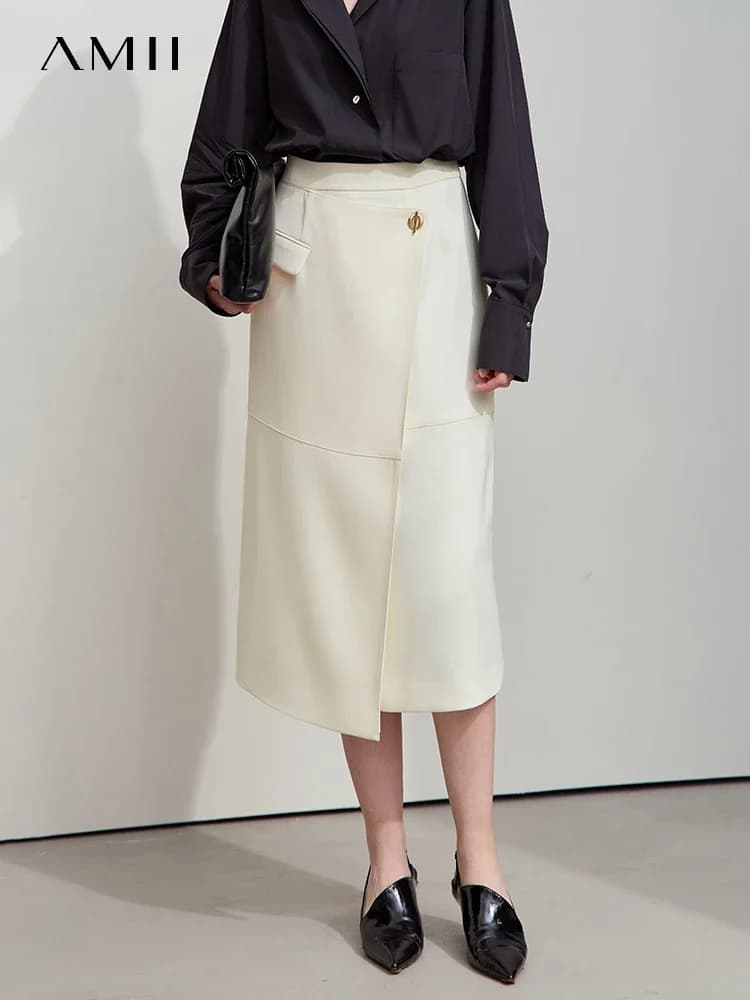 Amii Minimalist 2025 Autumn Midi Skirts Women Commute Elegant Office Lady Versatile Asymmetrical Drape Straight Skirt 12521006