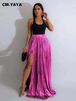 CM.YAYA Women Fashion 2024 Spring High Side Split Big Swing Pleated Floor Length Skirt High Waist Street Party Long Maxi Skirts