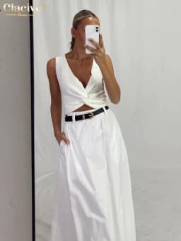 Clacive Fashion Loose White Cotton Women's Skirt 2025 Casual High Waist Long Skirts Elegant Classic Solid Skirt Female Clothing