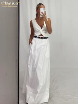 Clacive Fashion Loose White Cotton Women's Skirt 2025 Casual High Waist Long Skirts Elegant Classic Solid Skirt Female Clothing