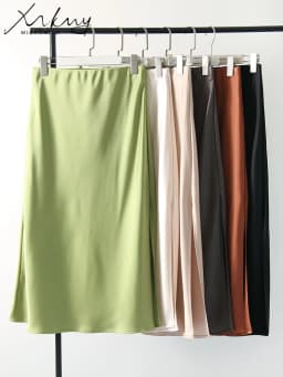 Green Satin Midi Skirts For Women Summer Elastic High Waist A Line Slit Skirt Midi Satin Silk Women Skirt With Slit Summer 2024