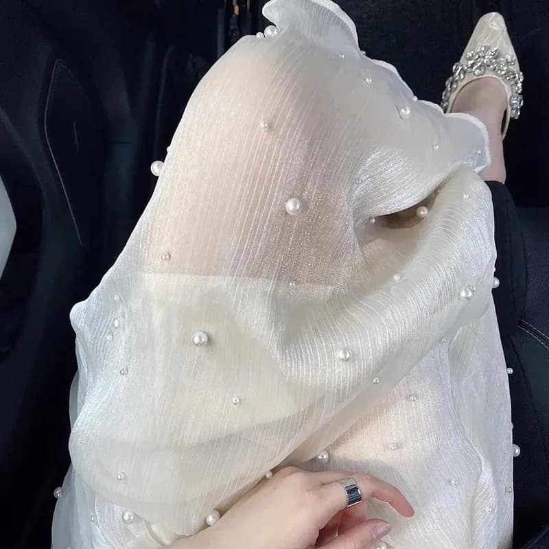 Elegant Pearl Mesh Midi Skirt Women Fashion Beading Patchwork Skirts Skirts Summer Streetwear Korean Casual Design A Line Faldas