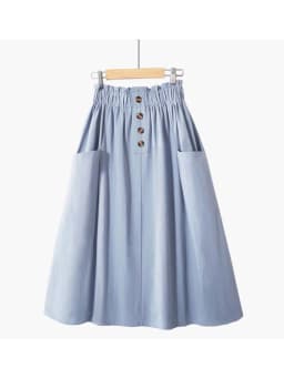 Women Summer Skirt Spring Korean Style Casual Solid High Waist  A-Line Midi Skirts With Pocket Girls Elegant Faldas