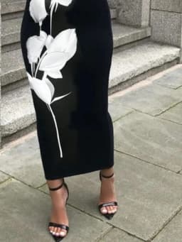 Missuoo Women Black Midi Pencil Skirt White Rose Print High Waist Bodycon Formal Party Midi Skirt 2026 Summer Elegant Bottoms