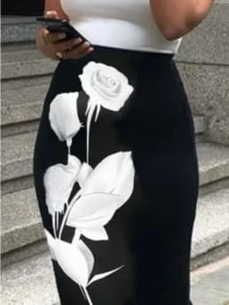 Missuoo Women Black Midi Pencil Skirt White Rose Print High Waist Bodycon Formal Party Midi Skirt 2026 Summer Elegant Bottoms