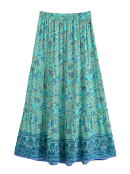 Vintage Chic Women Summer Tassel Elastic Waist Boho Skirt with Pockets Floral Printed Ruffles Beach Bohemian Pleated Maxi Skirts