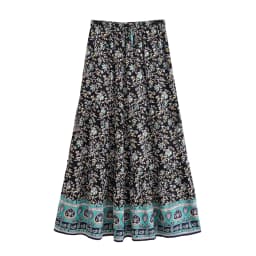 Vintage Chic Women Summer Tassel Elastic Waist Boho Skirt with Pockets Floral Printed Ruffles Beach Bohemian Pleated Maxi Skirts
