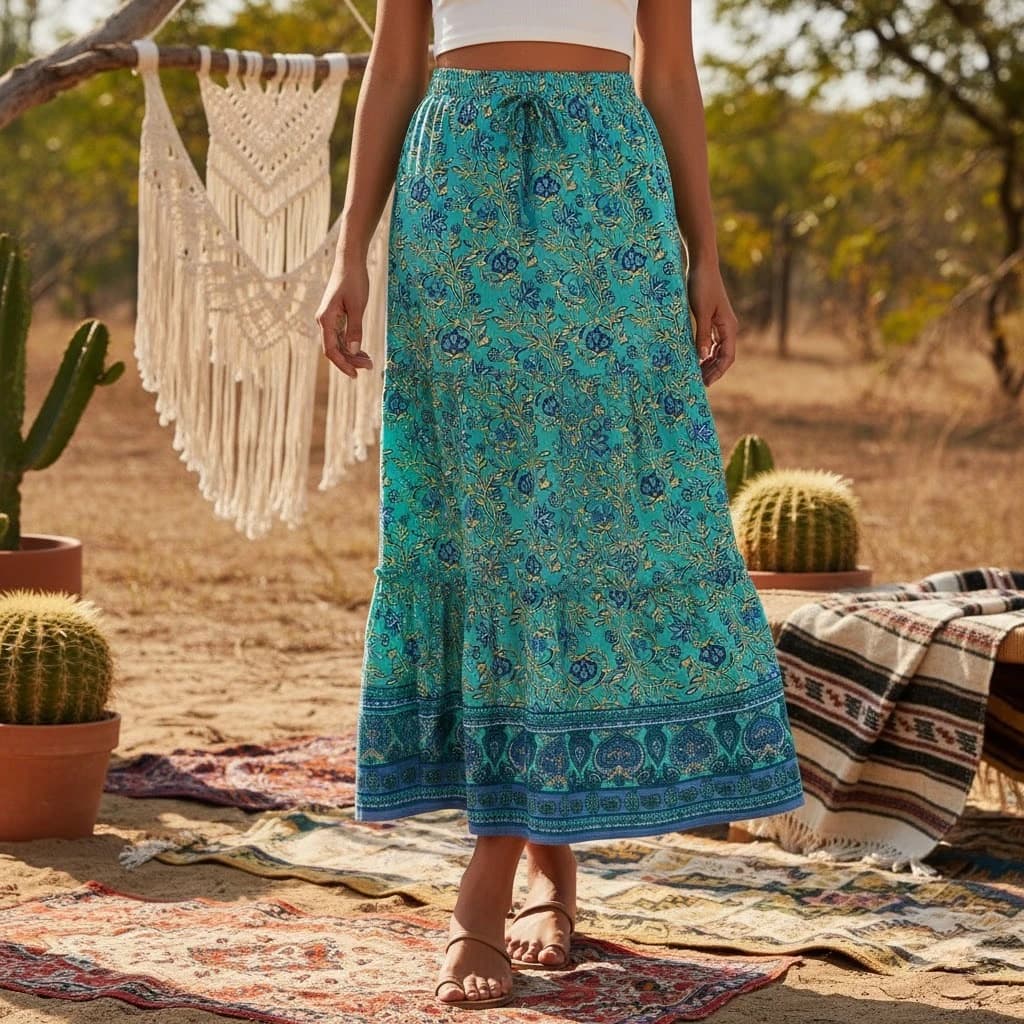 Vintage Chic Women Summer Tassel Elastic Waist Boho Skirt with Pockets Floral Printed Ruffles Beach Bohemian Pleated Maxi Skirts