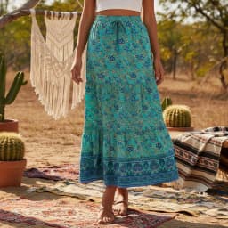 Vintage Chic Women Summer Tassel Elastic Waist Boho Skirt with Pockets Floral Printed Ruffles Beach Bohemian Pleated Maxi Skirts