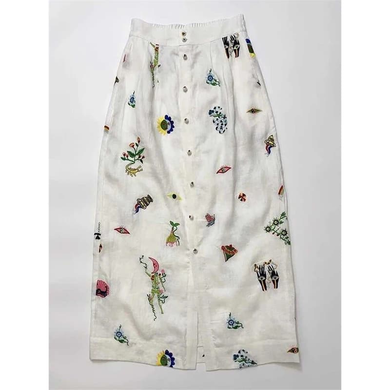 Summer Beige Soft Linen A-line Skirt Women High Waist Fun Print Front Button Split Wrapped Hip Long Skirt Brand