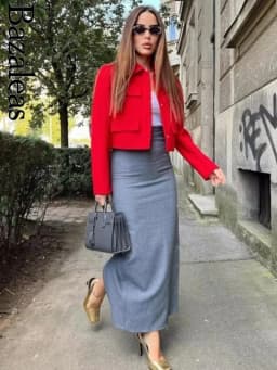 Bazaleas 2024 Elegant Grey Women Long Skirt Official High Waist Package Hip A-line Skirts