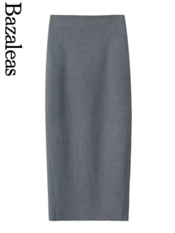 Bazaleas 2024 Elegant Grey Women Long Skirt Official High Waist Package Hip A-line Skirts