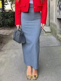 Bazaleas 2024 Elegant Grey Women Long Skirt Official High Waist Package Hip A-line Skirts