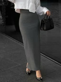 Bazaleas 2024 Elegant Grey Women Long Skirt Official High Waist Package Hip A-line Skirts