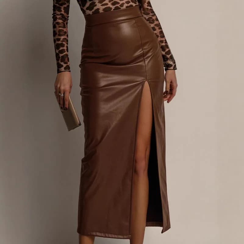 Sexy High Split PU Leather Skirts for Women Elegant Slim High Waisted Package Hip Skirts Ladies New Fashion Office Pencil Skirt