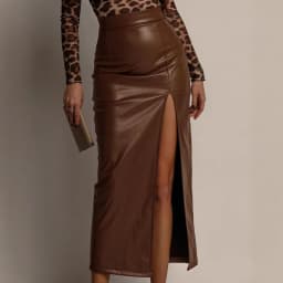 Sexy High Split PU Leather Skirts for Women Elegant Slim High Waisted Package Hip Skirts Ladies New Fashion Office Pencil Skirt