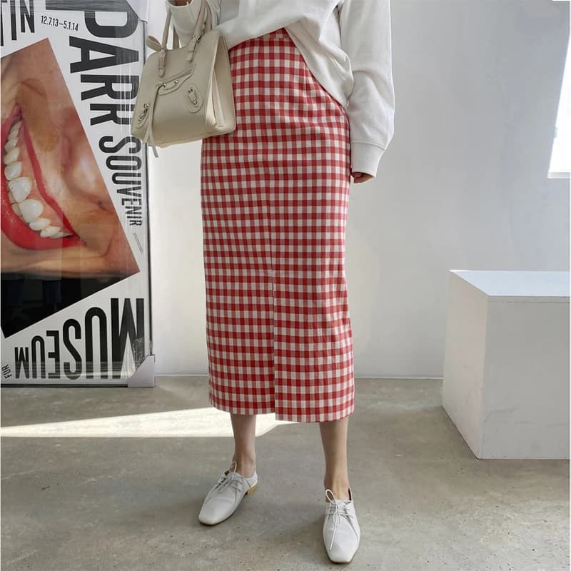 High Waist Plaid Split Midi Skirt Women's Cotton Linen Wrap around Skirt Korean Sle Commute One Step Skirt