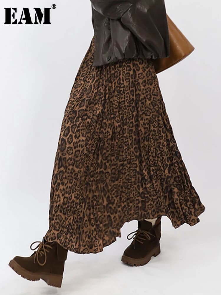 [EAM] High Elastic Waist Leopard Printed Pleated A-line Half-body Skirt Women Fashion Tide New Spring Autumn 2026 1DJ4319