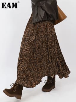 [EAM] High Elastic Waist Leopard Printed Pleated A-line Half-body Skirt Women Fashion Tide New Spring Autumn 2026 1DJ4319