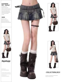 Y2k Vintage Streetwear Sexy Denim Skirts Women American Belt Buckle High Waist Pleated Skirt Hottie All-match Short Skirt Summer