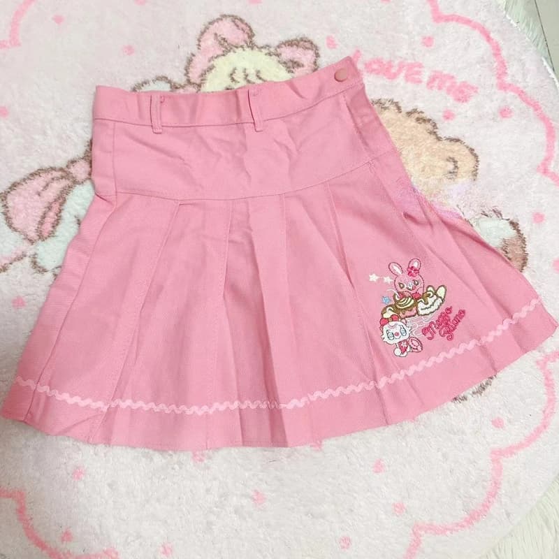 Pink Sweet Japanese Lolita Style Pleated Skirt Women Korean Kawaii Cartoon Embroidery Short Skirts Female Cute Cake Mini Skirts