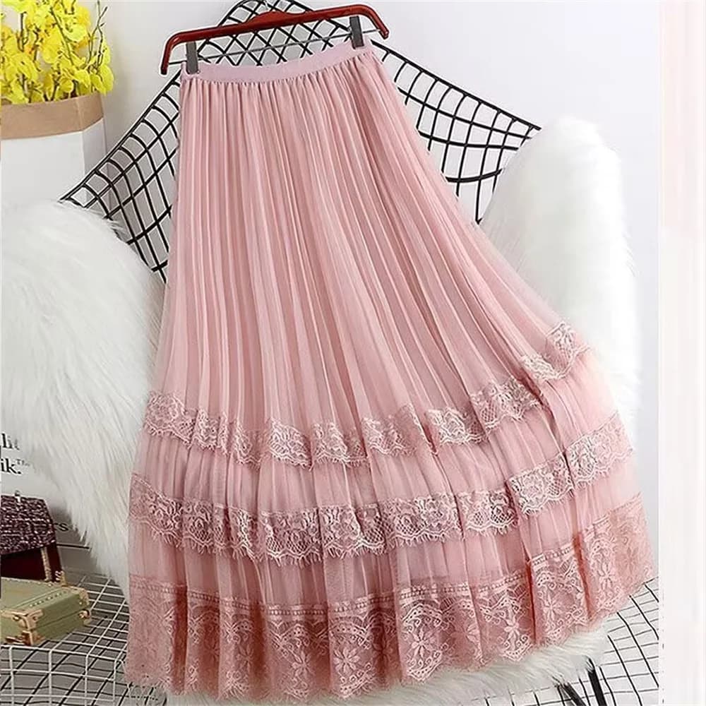 2026 Korean Spring Autumn New Female 6 Colors 3 Layers Fashion Lace Hollow Long Skirts Lining Mesh Lace Dance Skirt Clothes