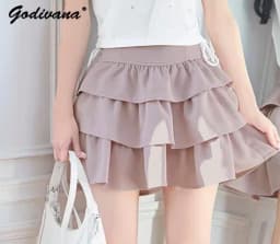 Japanese Style New Spring Summer Ladies Sweet Cake Skirt Solid Color Women's High Waist Slim Elegant Short Culotte Mini Skirts