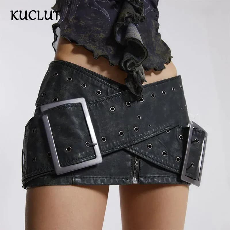 KUCLUT Fashion Worn Out Cross Belt Leather Low Waist Mini Skirt For Women Versatile Motorcycle Style Wrapped Hip Skirts 1A568