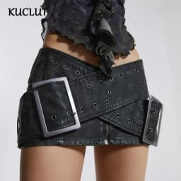 KUCLUT Fashion Worn Out Cross Belt Leather Low Waist Mini Skirt For Women Versatile Motorcycle Style Wrapped Hip Skirts 1A568