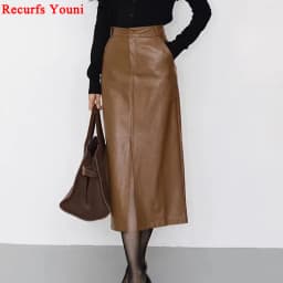 Winter Leather Clothing for Women A-Line Front Split Back Waist Elastic French Long Skirt Female Burdundy Slim Pencil Faldas