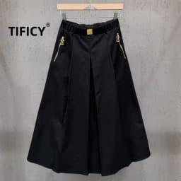 High Street Skirts Women's Retro Double Zipper Pocket Elastic Waist Elegant Style A-line Streetwear Skirt Nylon Fabric