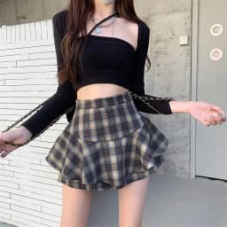 Tiered Mini Skirt Y2K High Waist Tartan Ruffled Plaid Skirt Skort Women Aesthetic Outfit