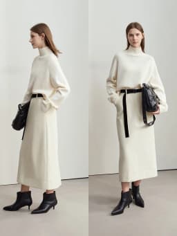 AMII Minimalism Women's Elegant Commuter Skirts with Velvet Belt 2024 Winter Twill Fabric Warm Slit Straight Midi Skirt 12444183