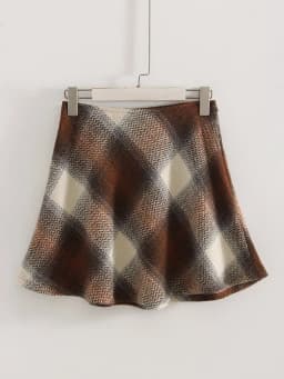 Streamgirl Brown Plaid Woolen Mini Skirts For Women High Waist Orange A Line Umbrella Wool Short Plaid Skirt With Zipper Gray