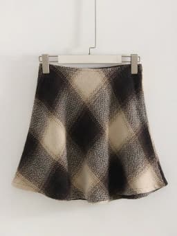 Streamgirl Brown Plaid Woolen Mini Skirts For Women High Waist Orange A Line Umbrella Wool Short Plaid Skirt With Zipper Gray