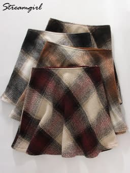 Streamgirl Brown Plaid Woolen Mini Skirts For Women High Waist Orange A Line Umbrella Wool Short Plaid Skirt With Zipper Gray