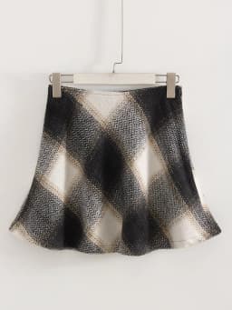 Streamgirl Brown Plaid Woolen Mini Skirts For Women High Waist Orange A Line Umbrella Wool Short Plaid Skirt With Zipper Gray