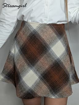 Streamgirl Brown Plaid Woolen Mini Skirts For Women High Waist Orange A Line Umbrella Wool Short Plaid Skirt With Zipper Gray